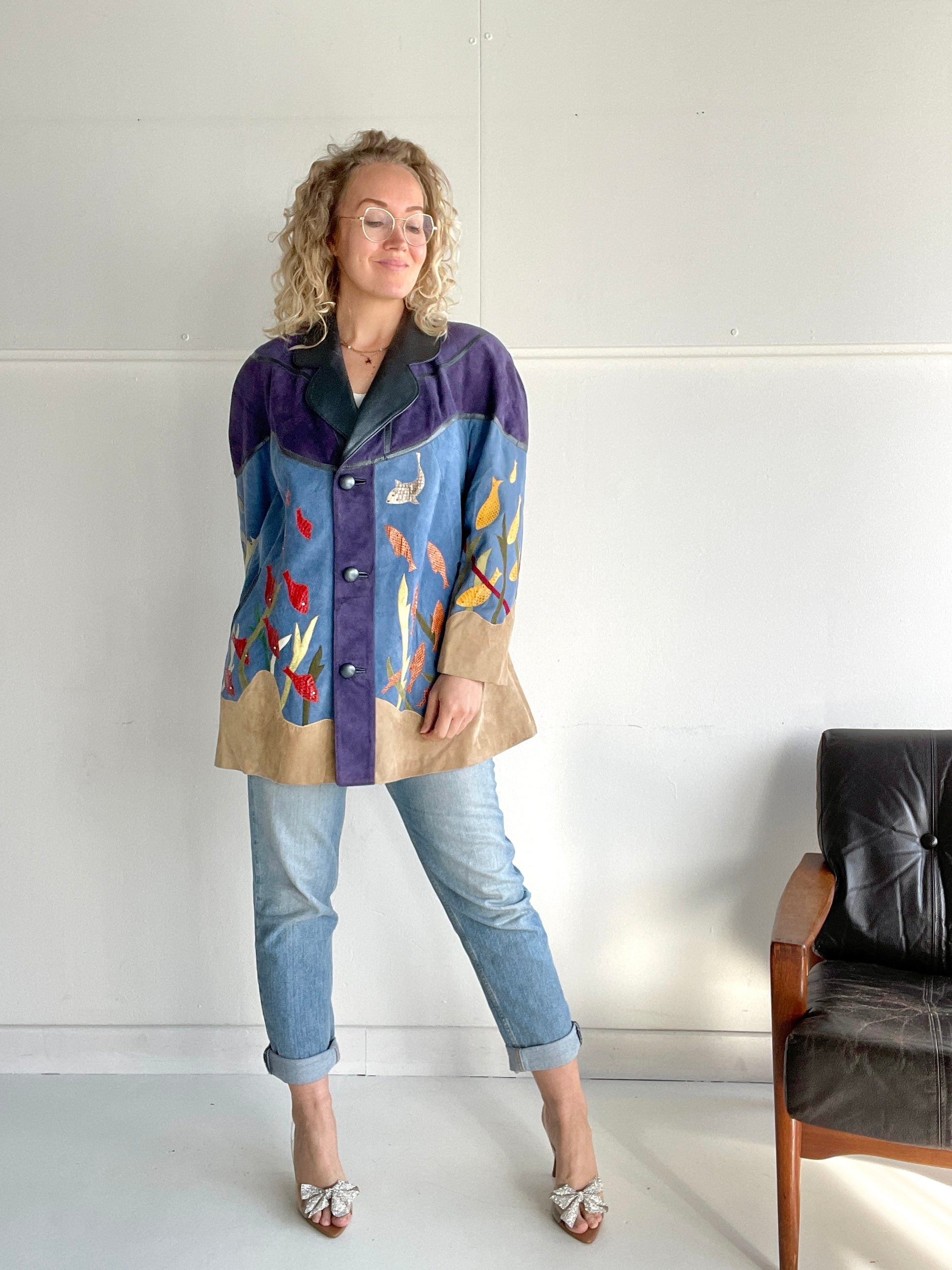 Epic fish-themed suede vintage coat
