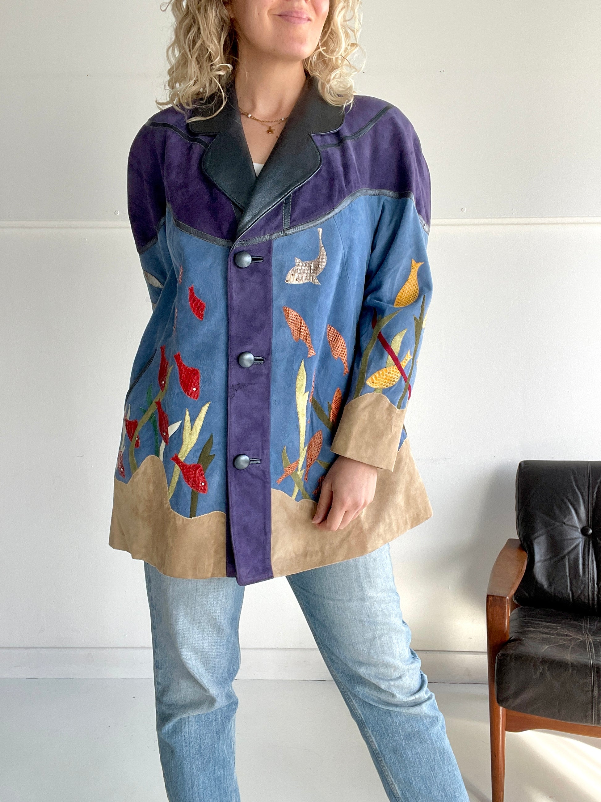 Epic fish-themed suede vintage coat