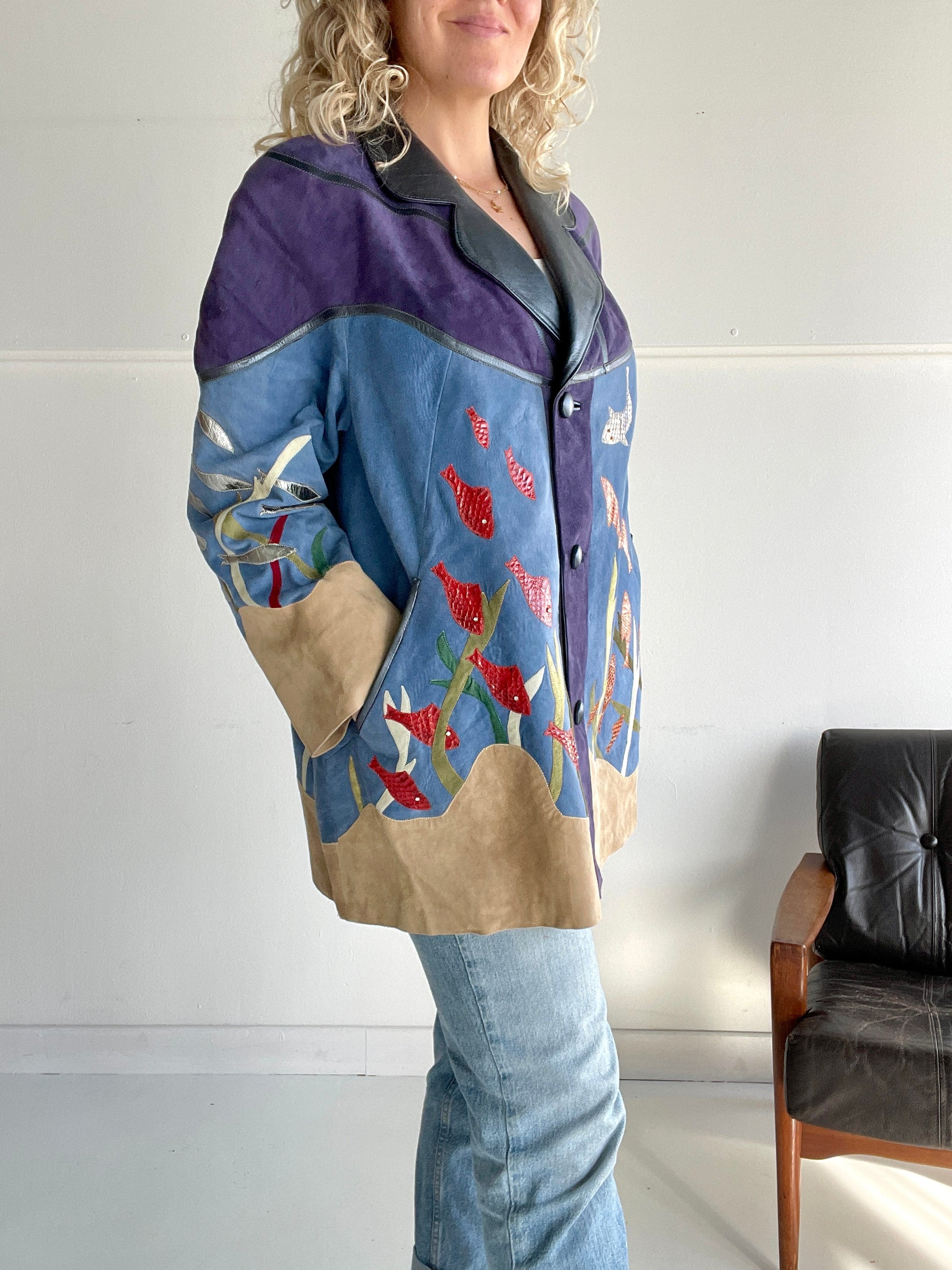 Epic fish-themed suede vintage coat