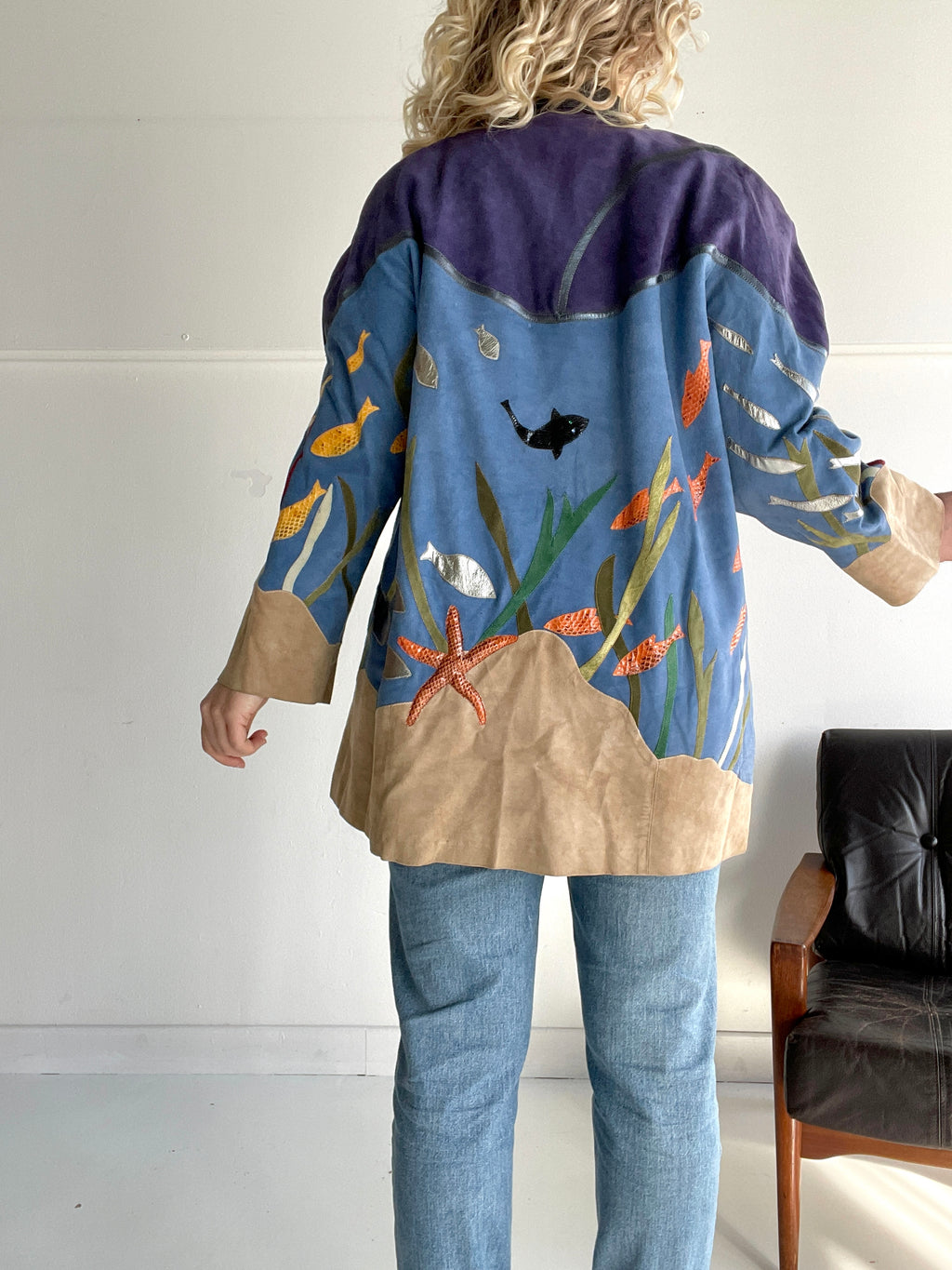 Epic fish-themed suede vintage coat