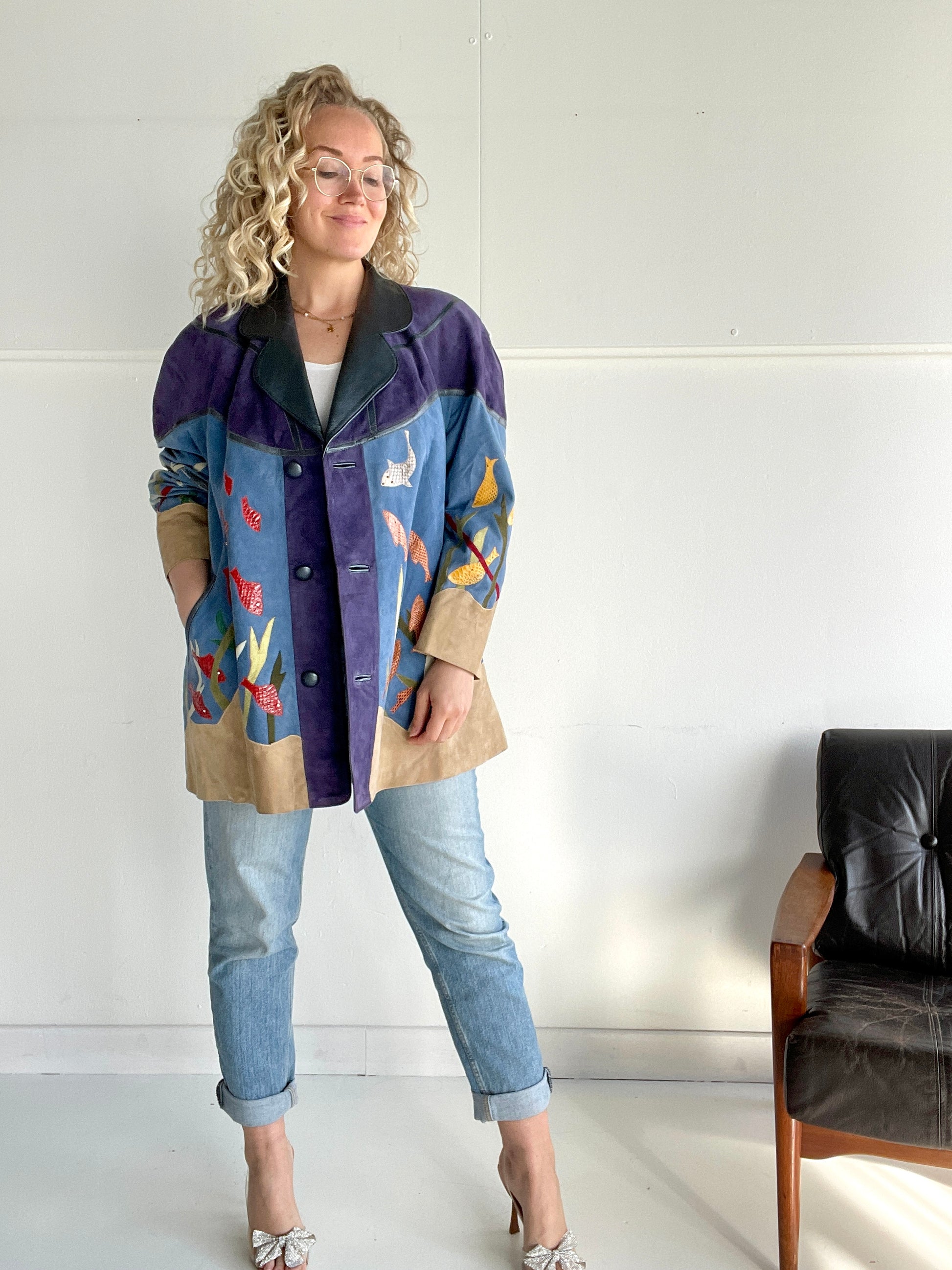 Epic fish-themed suede vintage coat