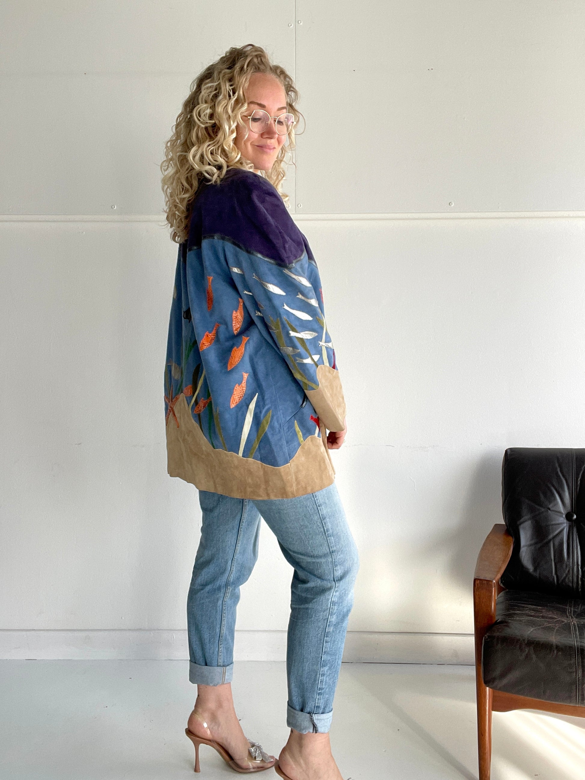 Epic fish-themed suede vintage coat