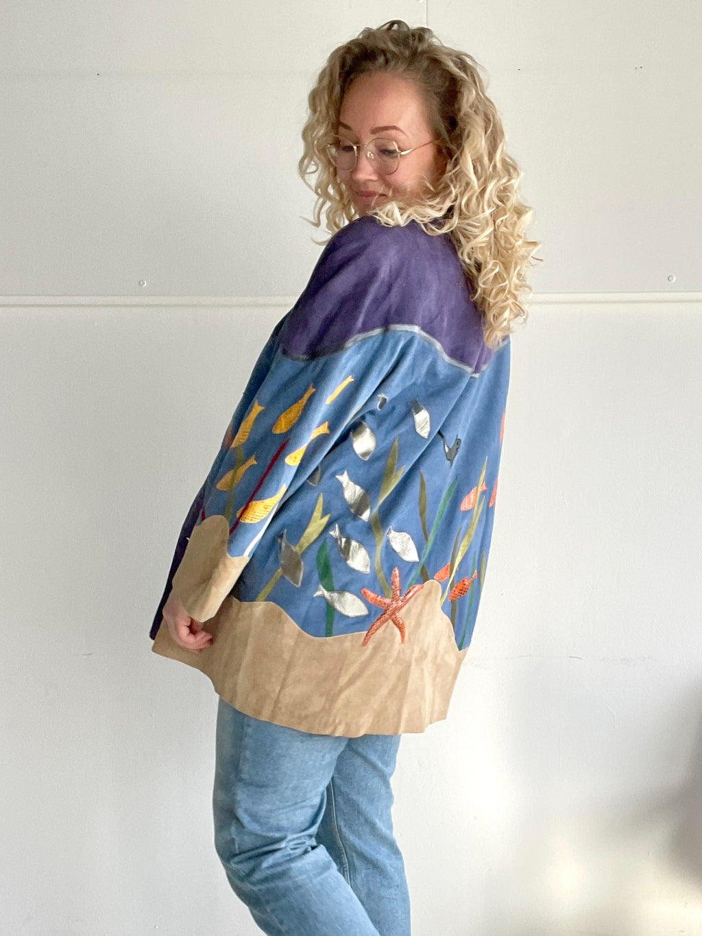 Epic fish-themed suede vintage coat