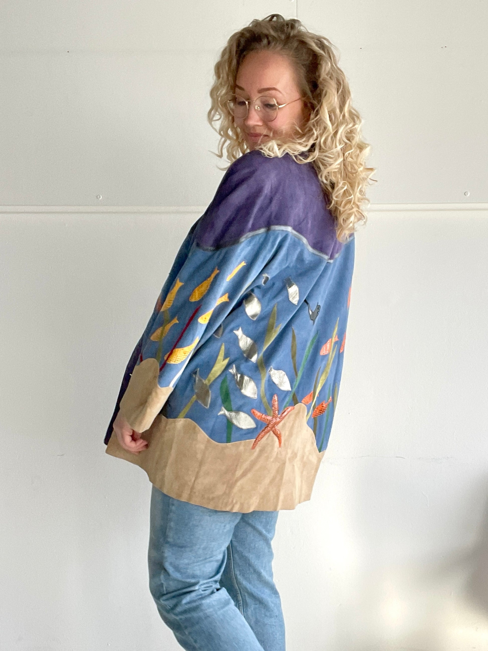 Epic fish-themed suede vintage coat