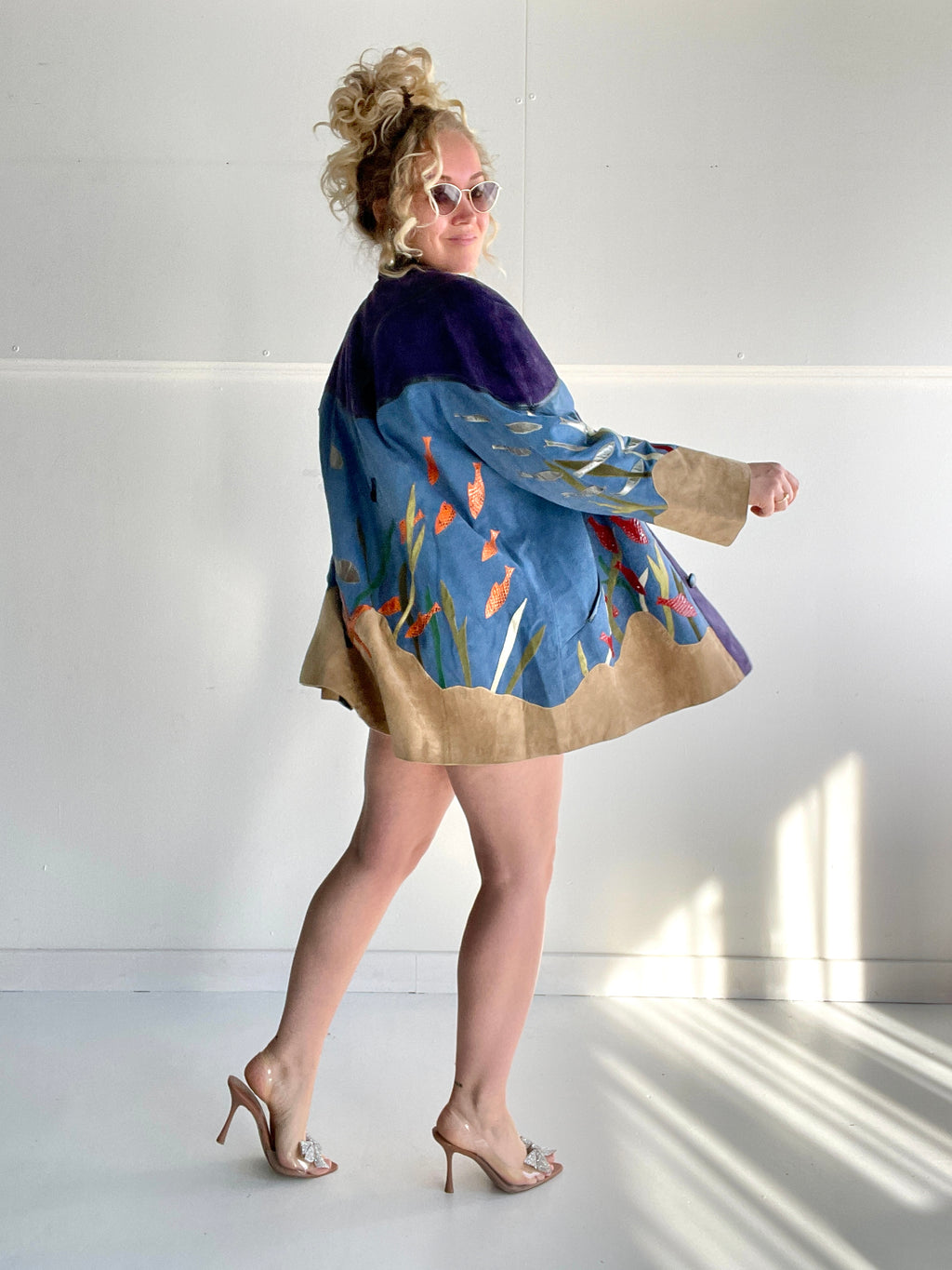 Epic fish-themed suede vintage coat