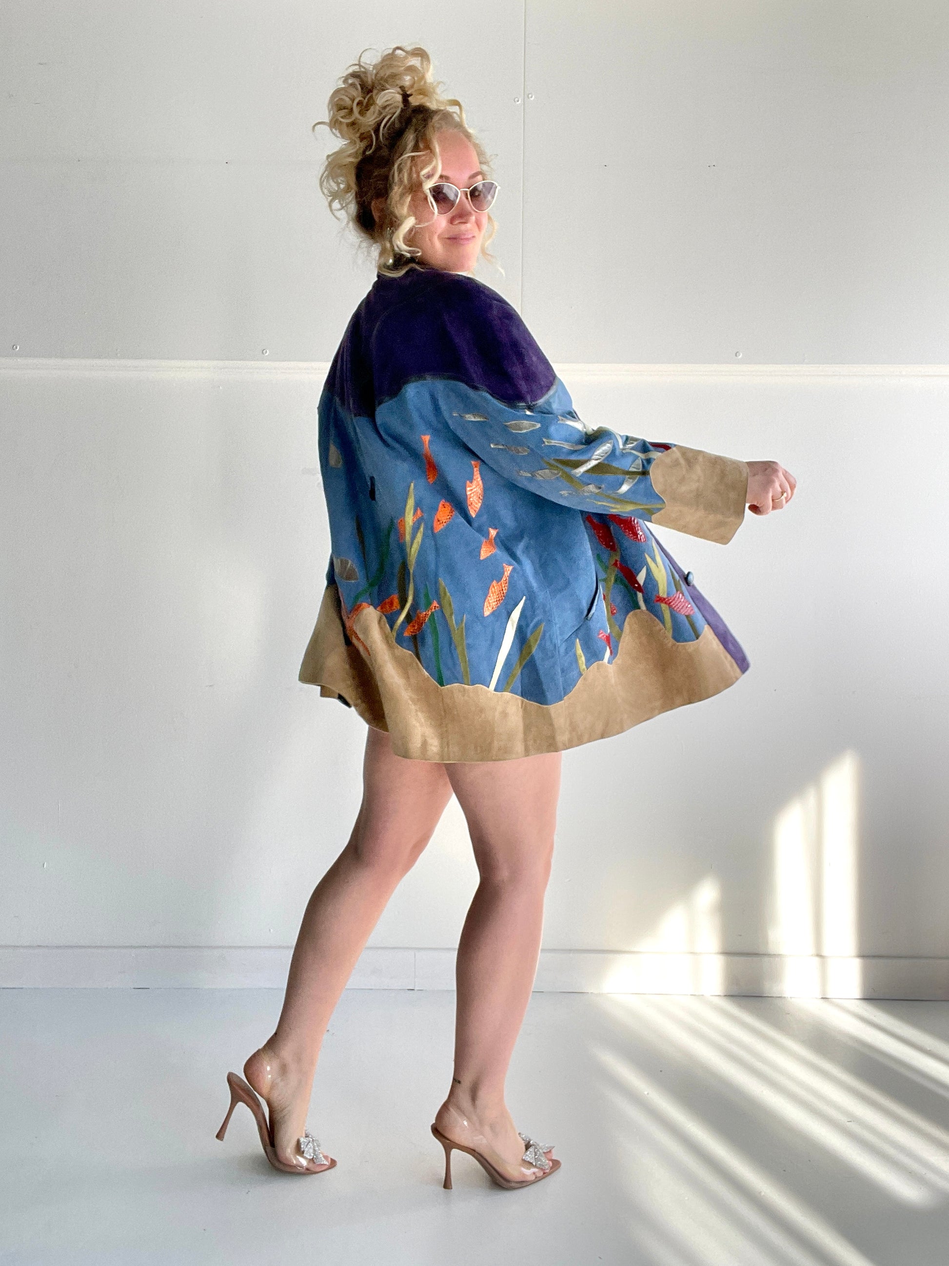 Epic fish-themed suede vintage coat